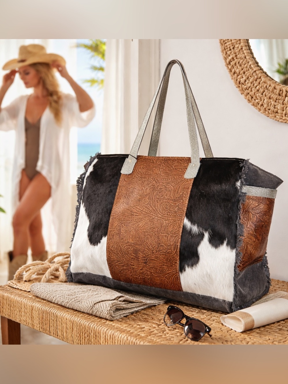 Myra Cowhide Canvas Leather Weekender Bag • Western Boho Travel Duffle • Hair-on